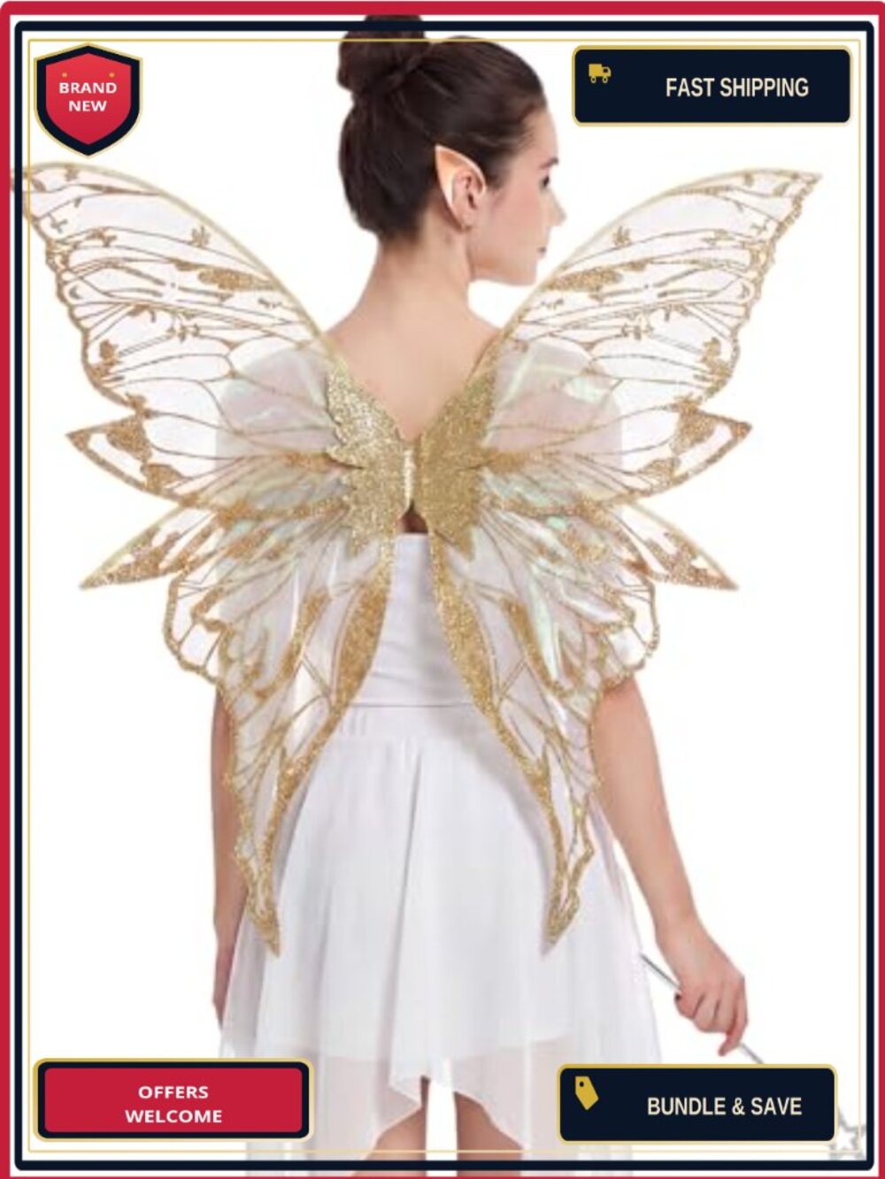 Large Fairy Wings Butterfly Costume Set Sheer Organza Star Wand Elf Ears